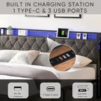 Lit capitonné King avec tête de lit de rangement, station de charge et lumières LED