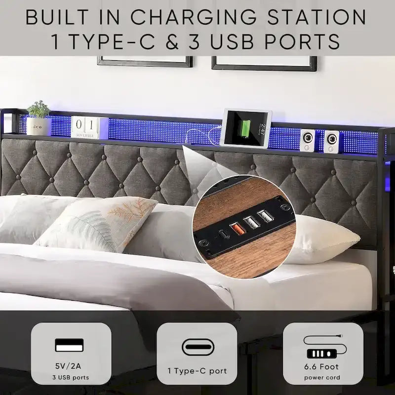 Lit capitonné King avec tête de lit de rangement, station de charge et lumières LED