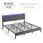 Lit capitonné King avec tête de lit de rangement, station de charge et lumières LED