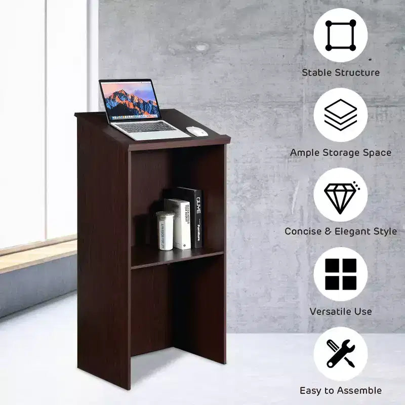 Costway pupitre en bois avec étagère réglable, porte-stylo et trous de câble, marron/noir