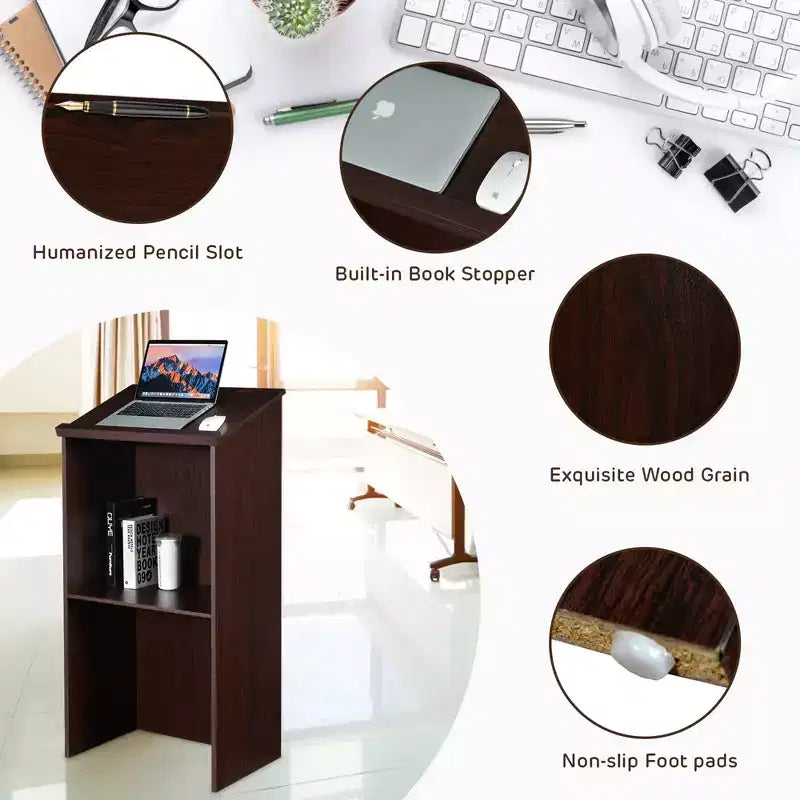 Costway pupitre en bois avec étagère réglable, porte-stylo et trous de câble, marron/noir
