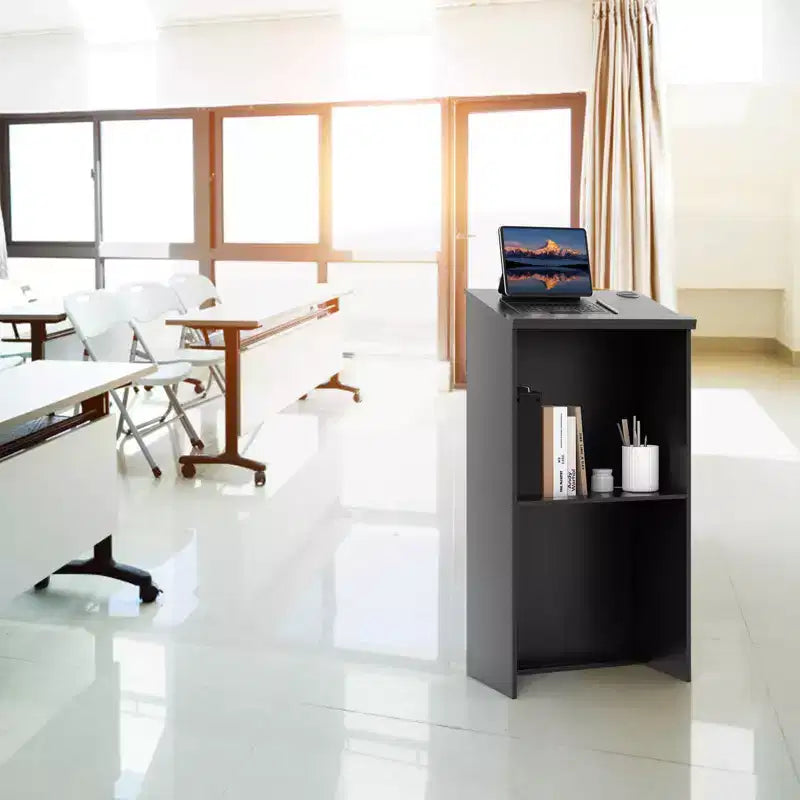 Costway pupitre en bois avec étagère réglable, porte-stylo et trous de câble, marron/noir