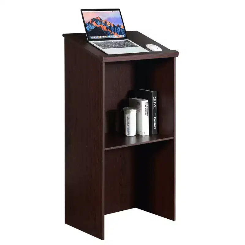 Costway pupitre en bois avec étagère réglable, porte-stylo et trous de câble, marron/noir