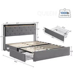 Lit double WhizMax avec station de recharge et 4 tiroirs de rangement, lit plateforme rembourré en velours gris avec tête de lit de rangement et lattes en bois