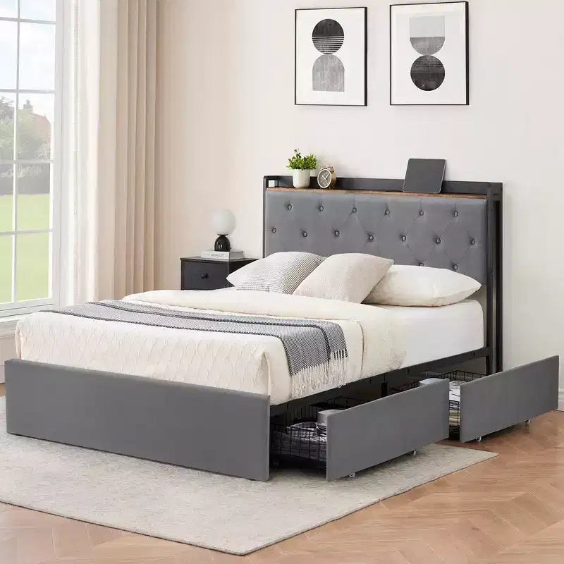 Lit double WhizMax avec station de recharge et 4 tiroirs de rangement, lit plateforme rembourré en velours gris avec tête de lit de rangement et lattes en bois