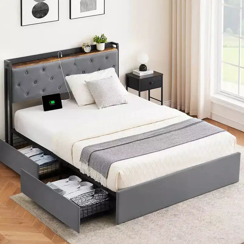 Lit double WhizMax avec station de recharge et 4 tiroirs de rangement, lit plateforme rembourré en velours gris avec tête de lit de rangement et lattes en bois