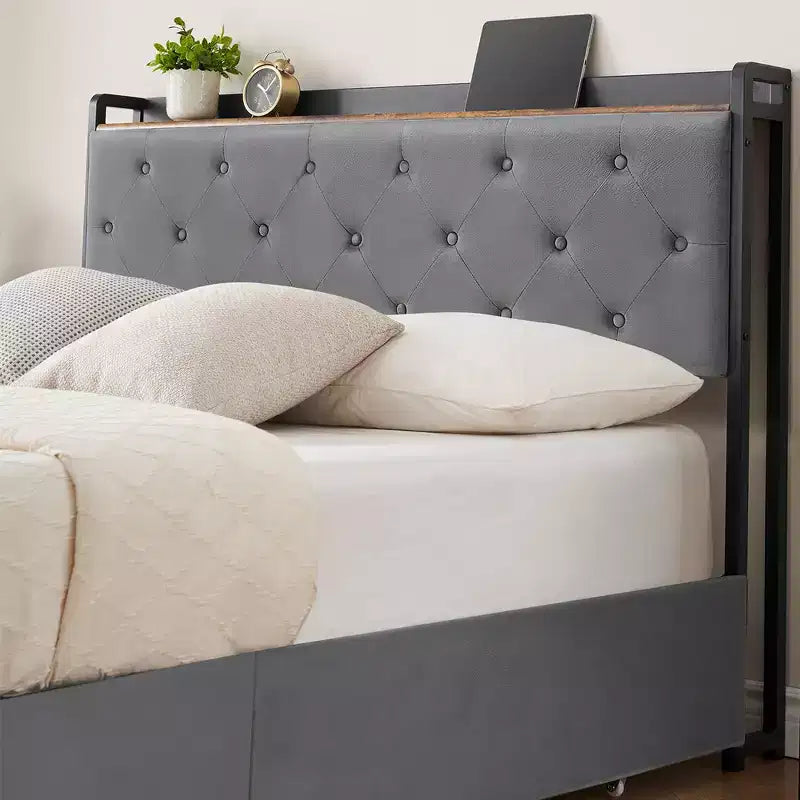 Lit double WhizMax avec station de recharge et 4 tiroirs de rangement, lit plateforme rembourré en velours gris avec tête de lit de rangement et lattes en bois