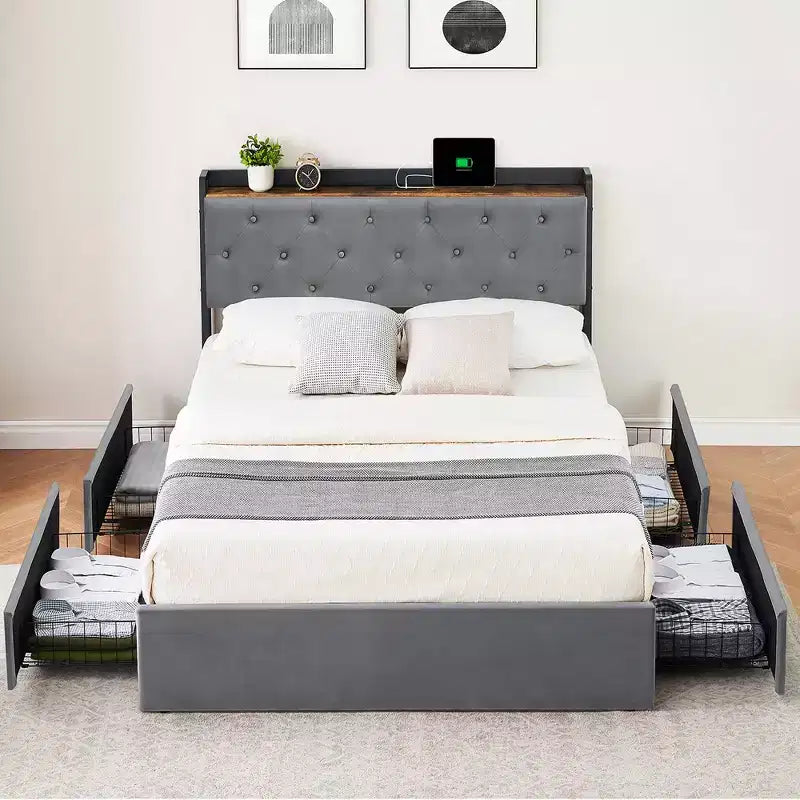 Lit double WhizMax avec station de recharge et 4 tiroirs de rangement, lit plateforme rembourré en velours gris avec tête de lit de rangement et lattes en bois