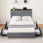 Lit double WhizMax avec station de recharge et 4 tiroirs de rangement, lit plateforme rembourré en velours gris avec tête de lit de rangement et lattes en bois