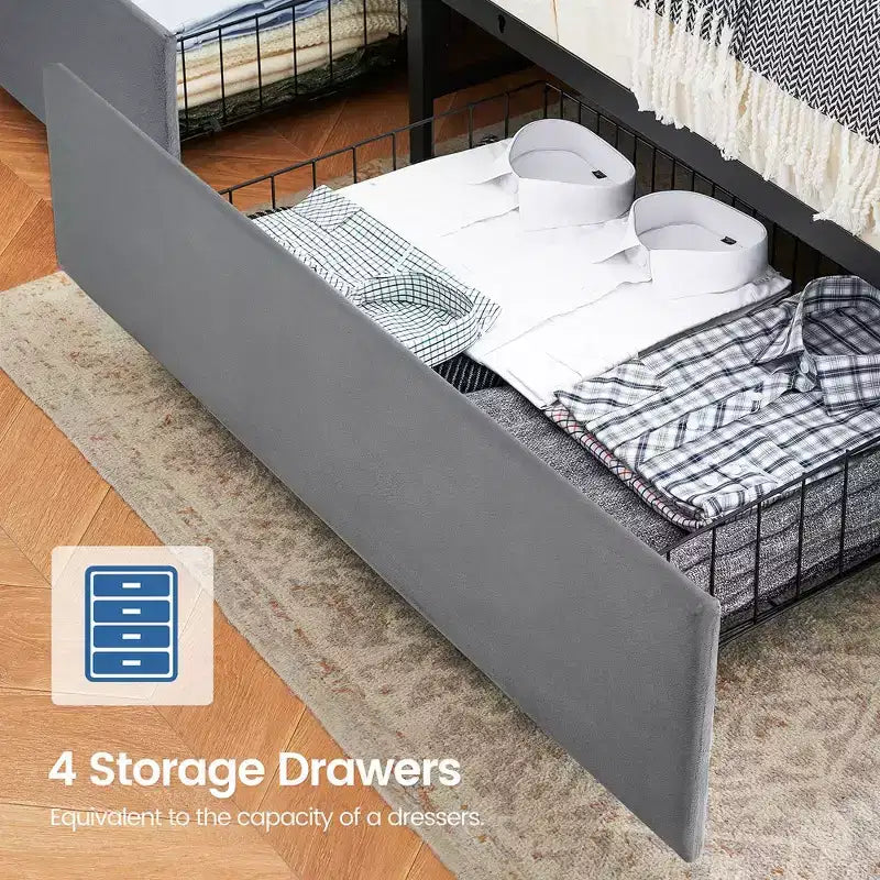 Lit double WhizMax avec station de recharge et 4 tiroirs de rangement, lit plateforme rembourré en velours gris avec tête de lit de rangement et lattes en bois