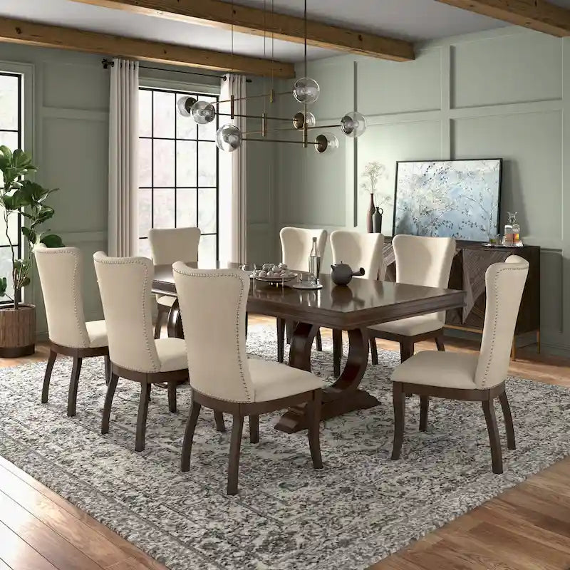 Ensemble de salle à manger extensible Tallinn avec table en bois de cerisier foncé et chaises en tissu beige
