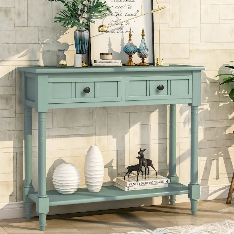 Console Trexm avec deux tiroirs de rangement et une étagère inférieure