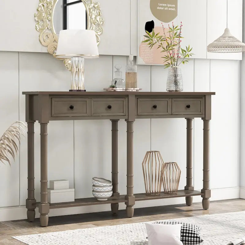 Console Trexm avec deux tiroirs de rangement et une étagère inférieure