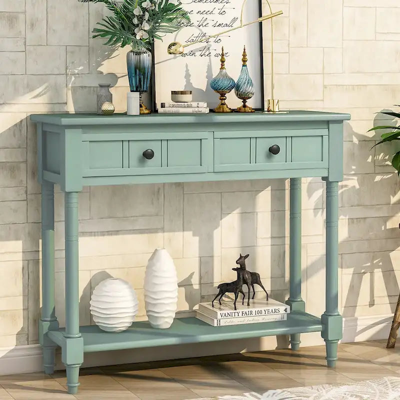 Console Trexm avec deux tiroirs de rangement et une étagère inférieure