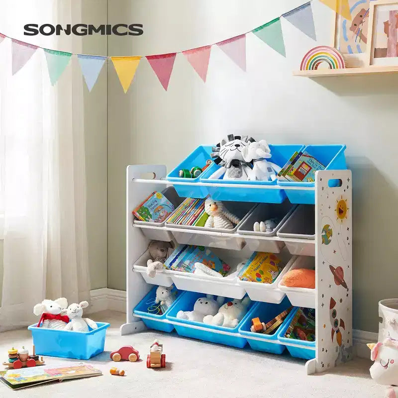 SONGMICS Kid's Large Toy Storage Unit with 16 Removable Bins, for Playroom, Children Room, 41.7, Space Theme