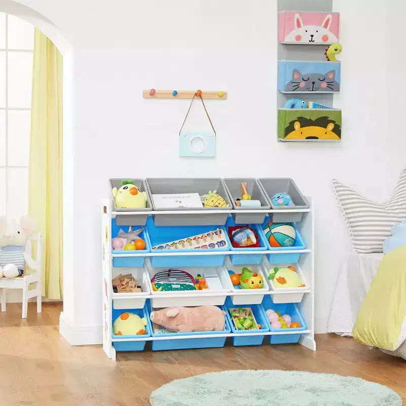SONGMICS Meuble de Rangement pour Jouets Enfant avec 16 Bacs Amovibles, pour Salle de Jeux, Chambre d'Enfant, 106 cm, Thème Spatial