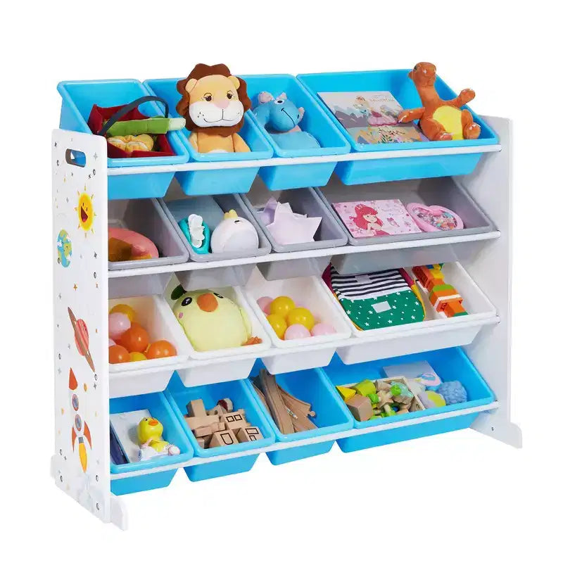 SONGMICS Meuble de Rangement pour Jouets Enfant avec 16 Bacs Amovibles, pour Salle de Jeux, Chambre d'Enfant, 106 cm, Thème Spatial