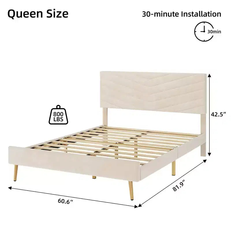 Cadre de lit Whizmax King/Queen/Full avec tête de lit réglable, lit plateforme tapissé de velours, support à lattes en bois massif, aucun sommier tapissier requis