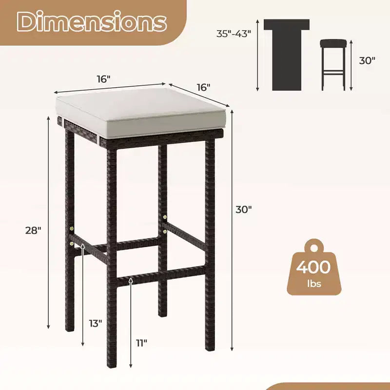 Tabourets de bar en osier Costway, lot de 2, avec coussins d'assise amovibles, repose-pieds, supporte jusqu'à 180 kg