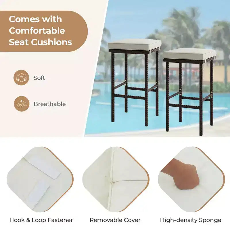 Tabourets de bar en osier Costway, lot de 2, avec coussins d'assise amovibles, repose-pieds, supporte jusqu'à 180 kg