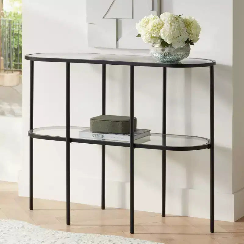 Studio 55D Remy Console 2 Niveaux Ovale Moderne en Métal 101,6 x 38,1 cm avec Rangement Dessus en Verre Transparent Noir Sable pour Salon