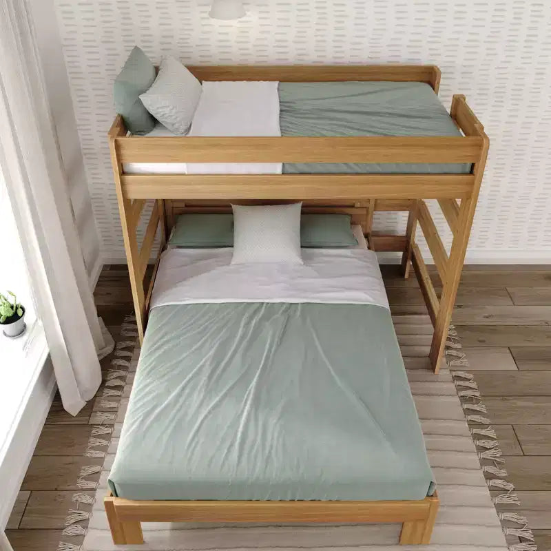 Lit superposé en L Plank+Beam en bois massif, lits jumeaux sur grand lit pour adultes