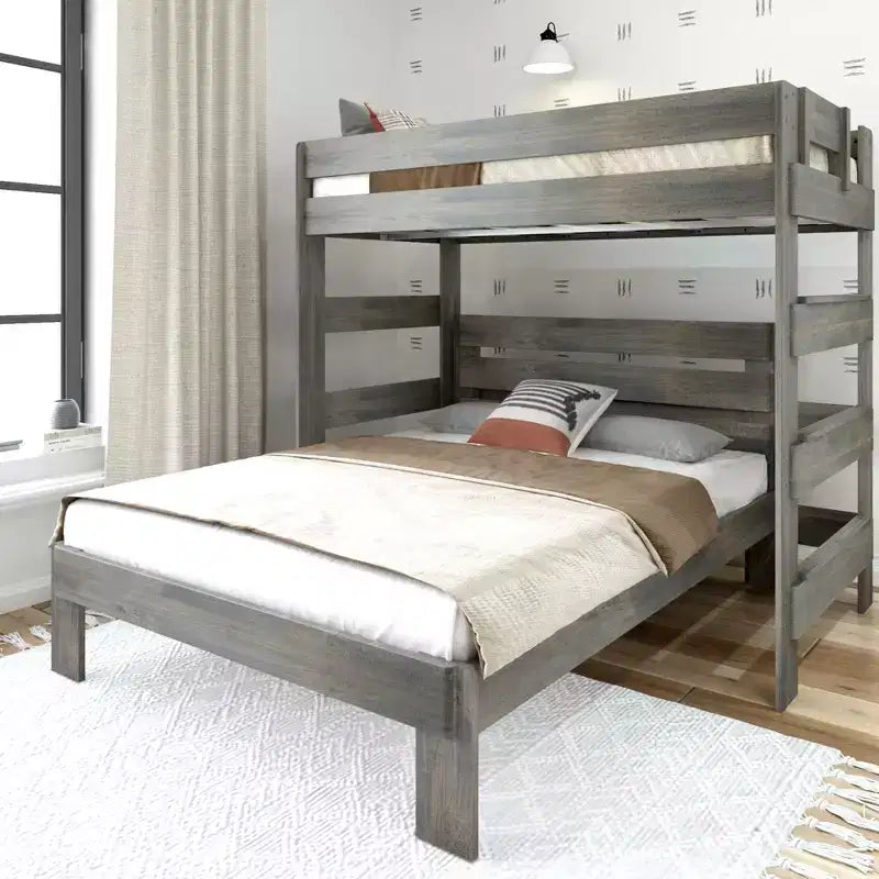 Lit superposé en L Plank+Beam en bois massif, lits jumeaux sur grand lit pour adultes