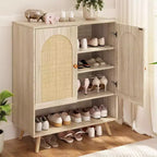 Rattan Shoe Cabinet with Doors, 4-Tier Shoe Storage Cabinet for Entryway, Shoe Rack Organizer Cabinet with Woven Rattan Doors and Adjustable Shelves