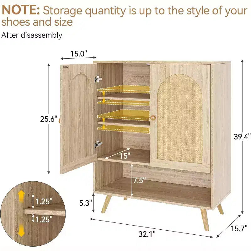 Meuble à chaussures en rotin avec portes, meuble de rangement à chaussures à 4 niveaux pour entrée, armoire de rangement pour chaussures avec portes en rotin tressé et étagères réglables