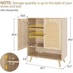 Meuble à chaussures en rotin avec portes, meuble de rangement à chaussures à 4 niveaux pour entrée, armoire de rangement pour chaussures avec portes en rotin tressé et étagères réglables