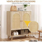 Meuble à chaussures en rotin avec portes, meuble de rangement à chaussures à 4 niveaux pour entrée, armoire de rangement pour chaussures avec portes en rotin tressé et étagères réglables