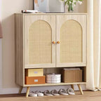 Meuble à chaussures en rotin avec portes, meuble de rangement à chaussures à 4 niveaux pour entrée, armoire de rangement pour chaussures avec portes en rotin tressé et étagères réglables