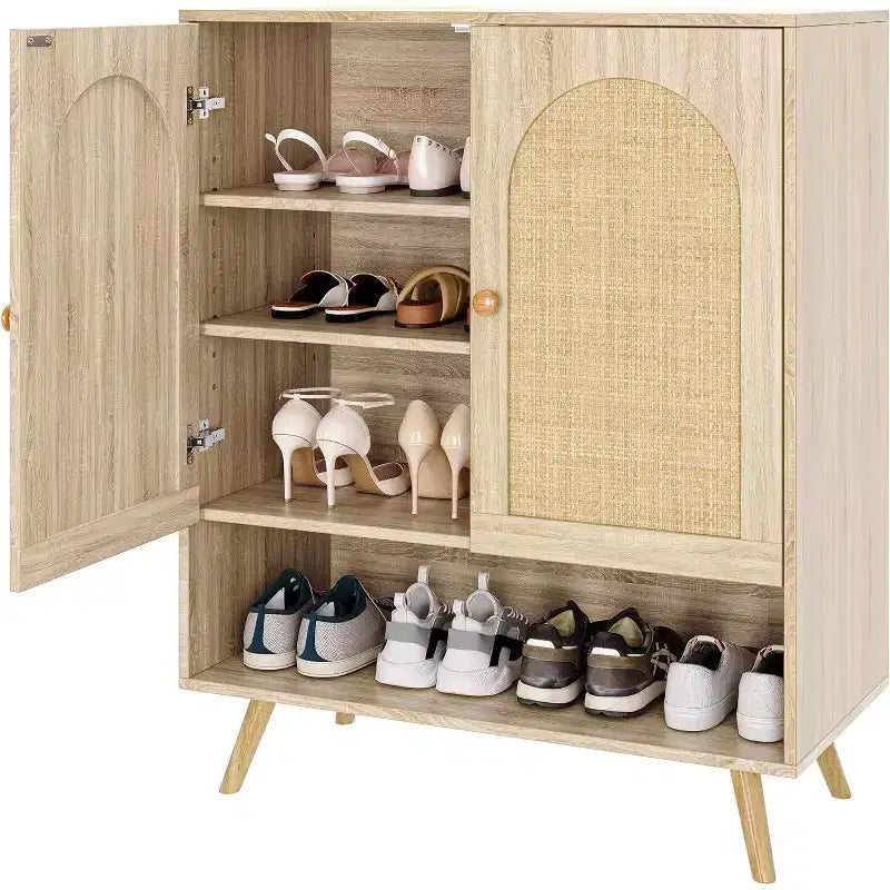Meuble à chaussures en rotin avec portes, meuble de rangement à chaussures à 4 niveaux pour entrée, armoire de rangement pour chaussures avec portes en rotin tressé et étagères réglables