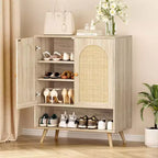 Meuble à chaussures en rotin avec portes, meuble de rangement à chaussures à 4 niveaux pour entrée, armoire de rangement pour chaussures avec portes en rotin tressé et étagères réglables