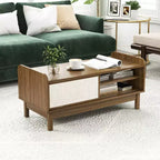 Table Basse Costway Table Basse Moderne du Milieu du Siècle avec Rangement Portes Coulissantes en Rotin Étagère Réglable