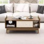 Table Basse Costway Table Basse Moderne du Milieu du Siècle avec Rangement Portes Coulissantes en Rotin Étagère Réglable
