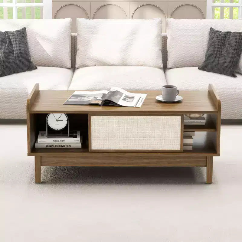 Table Basse Costway Table Basse Moderne du Milieu du Siècle avec Rangement Portes Coulissantes en Rotin Étagère Réglable