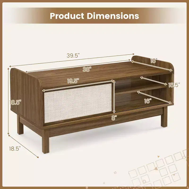 Table Basse Costway Table Basse Moderne du Milieu du Siècle avec Rangement Portes Coulissantes en Rotin Étagère Réglable