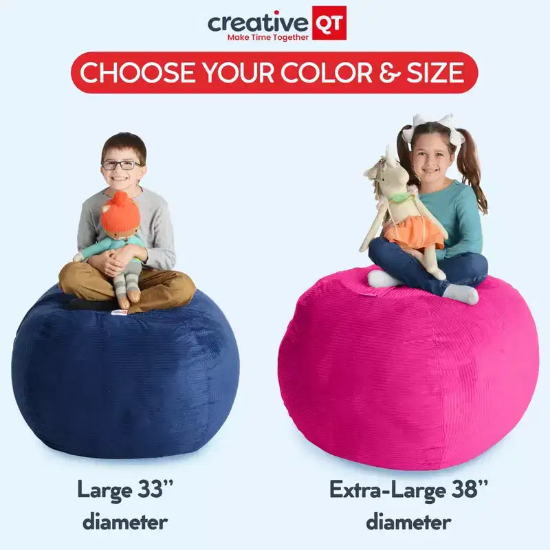 Creative QT Stuff 'n Sit Grande housse de rangement pour pouf de 84 cm pour animaux en peluche et jouets – Velours côtelé rose vif – Tout-petits et enfants