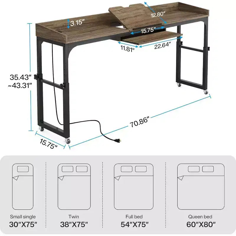 Table de lit Lantine à hauteur réglable avec roulettes et support inclinable réglable