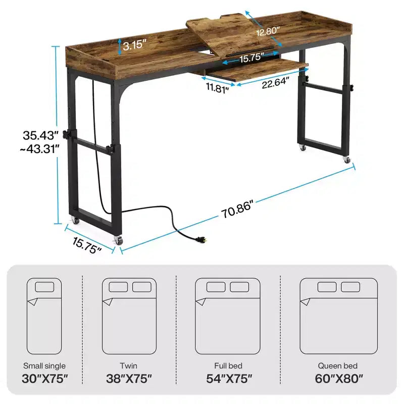 Table de lit Lantine à hauteur réglable avec roulettes et support inclinable réglable