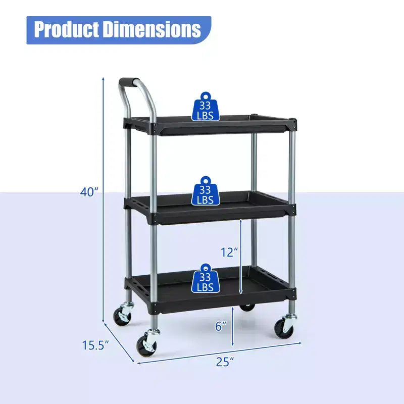 Chariot de rangement à roulettes 3 niveaux Costway avec roues universelles verrouillables et poignée ergonomique
