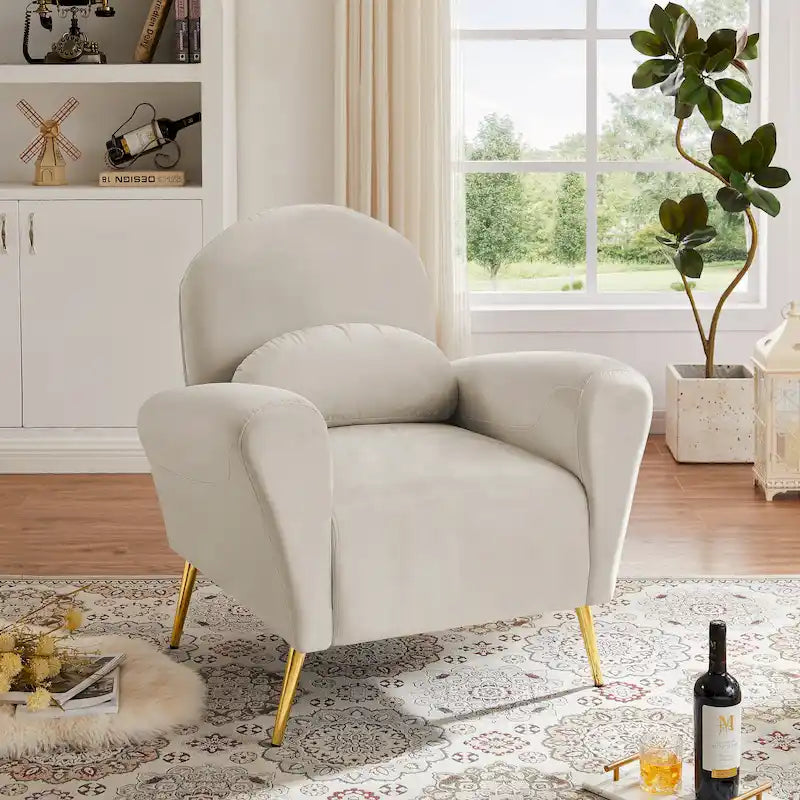 Fauteuil d'appoint moderne en velours, fauteuil rembourré confortable avec oreiller et pieds en métal doré pour le salon