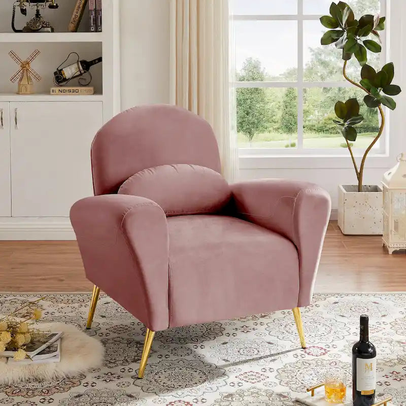 Fauteuil d'appoint moderne en velours, fauteuil rembourré confortable avec oreiller et pieds en métal doré pour le salon