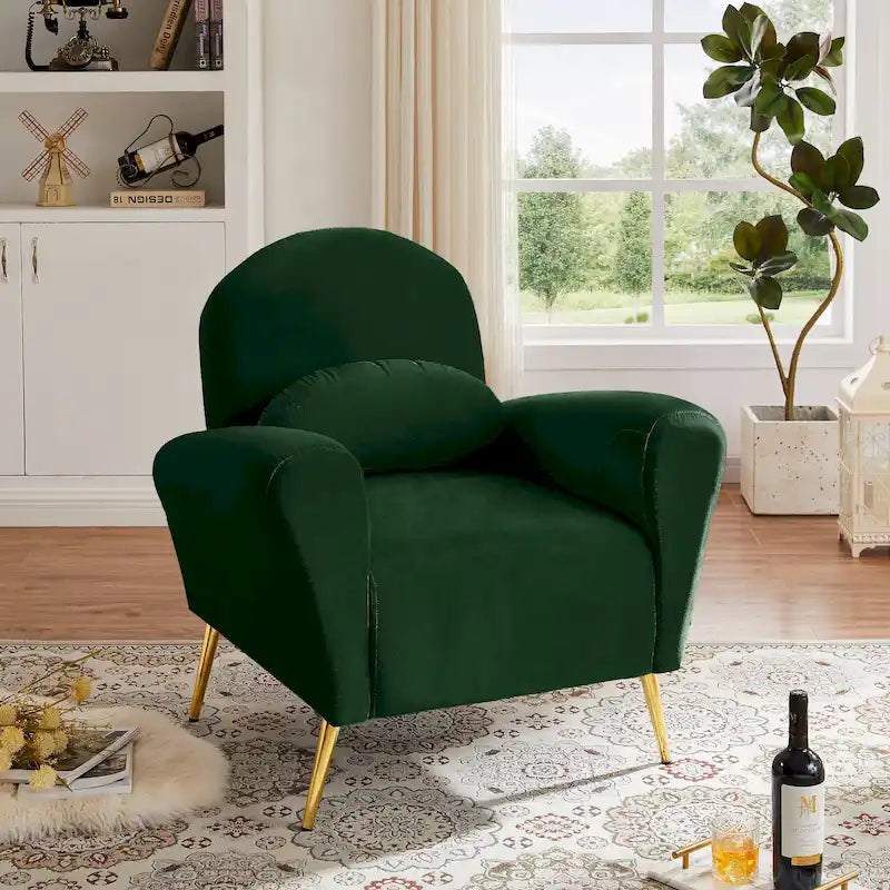 Fauteuil d'appoint moderne en velours, fauteuil rembourré confortable avec oreiller et pieds en métal doré pour le salon