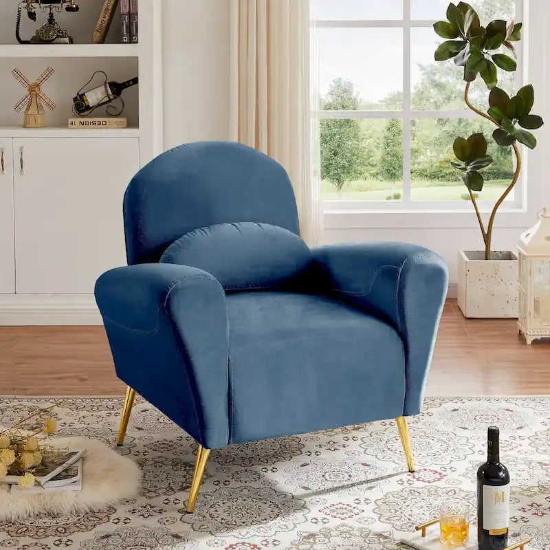 Fauteuil d'appoint moderne en velours, fauteuil rembourré confortable avec oreiller et pieds en métal doré pour le salon