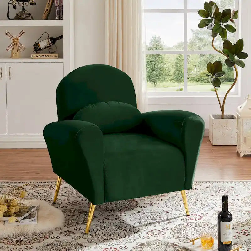 Fauteuil d'appoint moderne en velours, fauteuil rembourré confortable avec oreiller et pieds en métal doré pour le salon