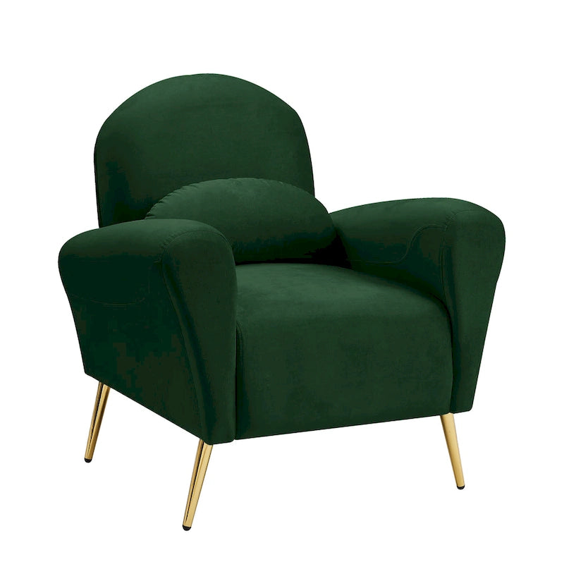 Fauteuil d'appoint moderne en velours, fauteuil rembourré confortable avec oreiller et pieds en métal doré pour le salon