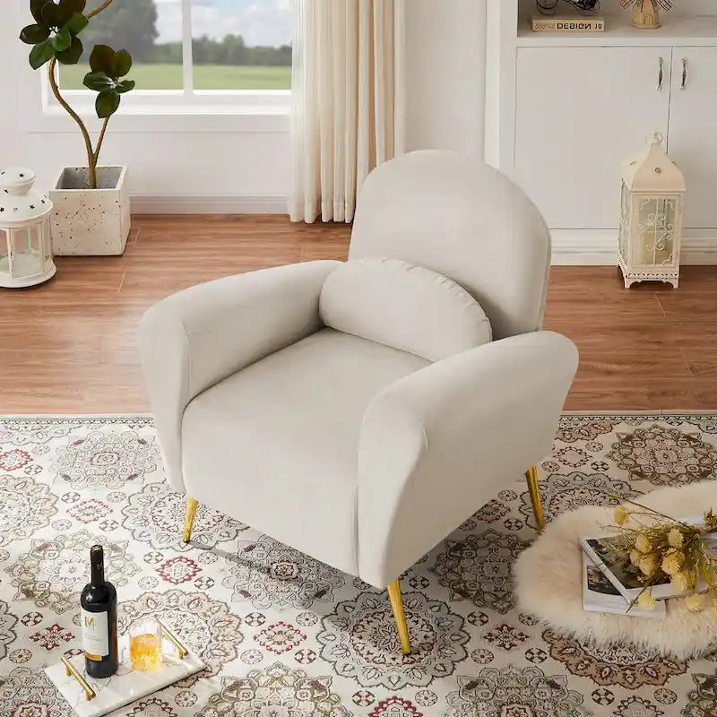 Fauteuil d'appoint moderne en velours, fauteuil rembourré confortable avec oreiller et pieds en métal doré pour le salon