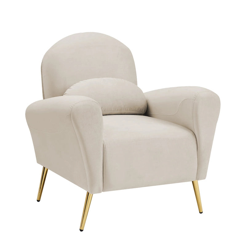Fauteuil d'appoint moderne en velours, fauteuil rembourré confortable avec oreiller et pieds en métal doré pour le salon